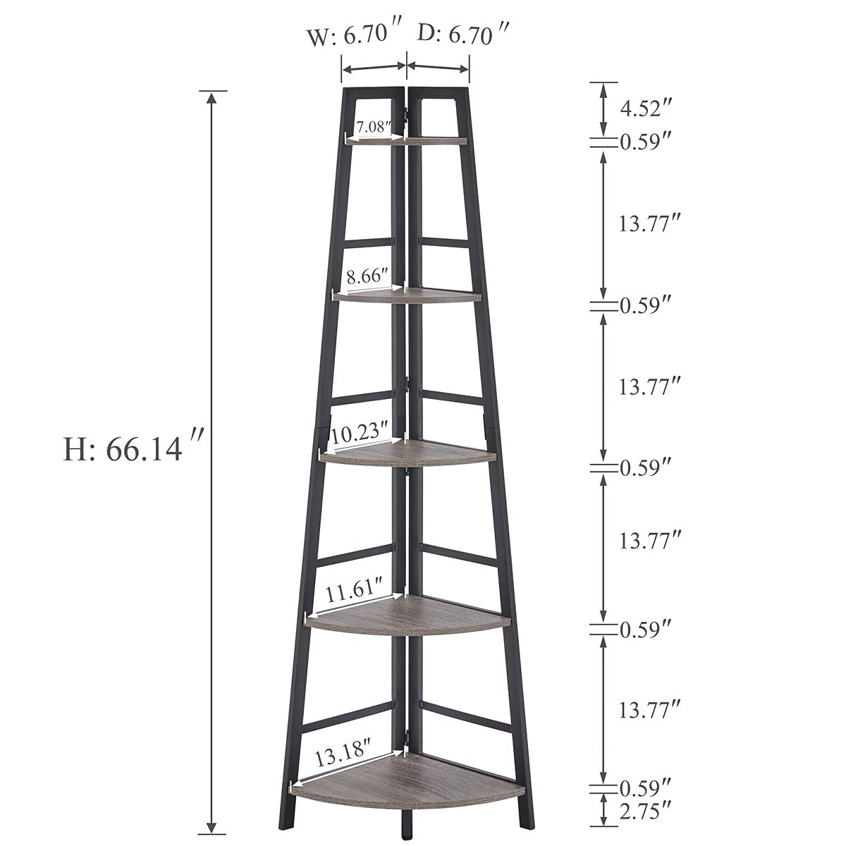 BON AUGURE Industrial Corner Shelf Stand, 5Tier Wood Corner Bookshelf, Rustic Tall Corner