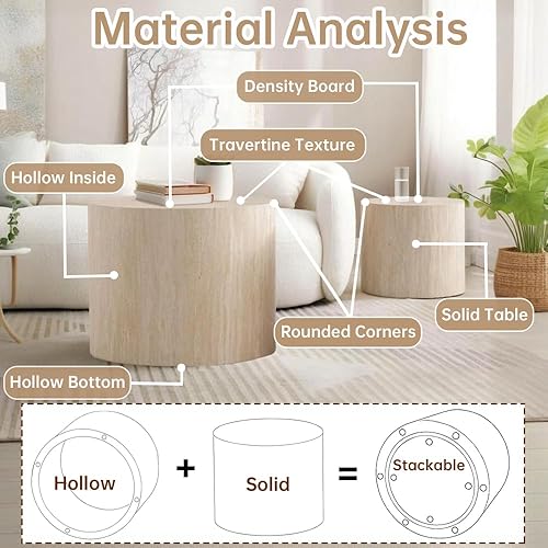 Miniatura 4 de Juego de 2 mesas de centro anidadas redondas modernas, mesa de café pequeña redonda, mesa auxiliar de travertino, mesa de centro pequeña, mesas