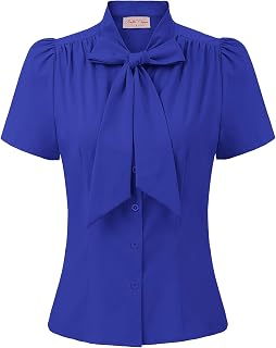 Summer Short Sleeve Office Button Down Blouse Stripe Shirt Tops with Bow Tie BP573