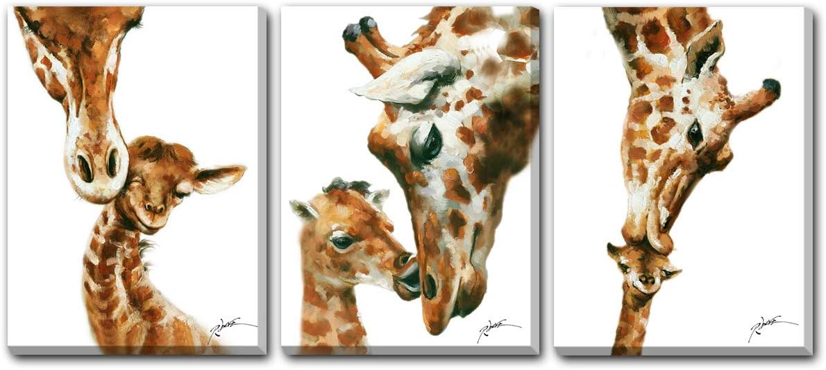 HW Hongwu Animal Wall Art Giraffe Painting Canvas Prints Modern Artwork Giraffe Pictures for Wall Stretched and Framed Ready to Hang 12x16inchx3panels