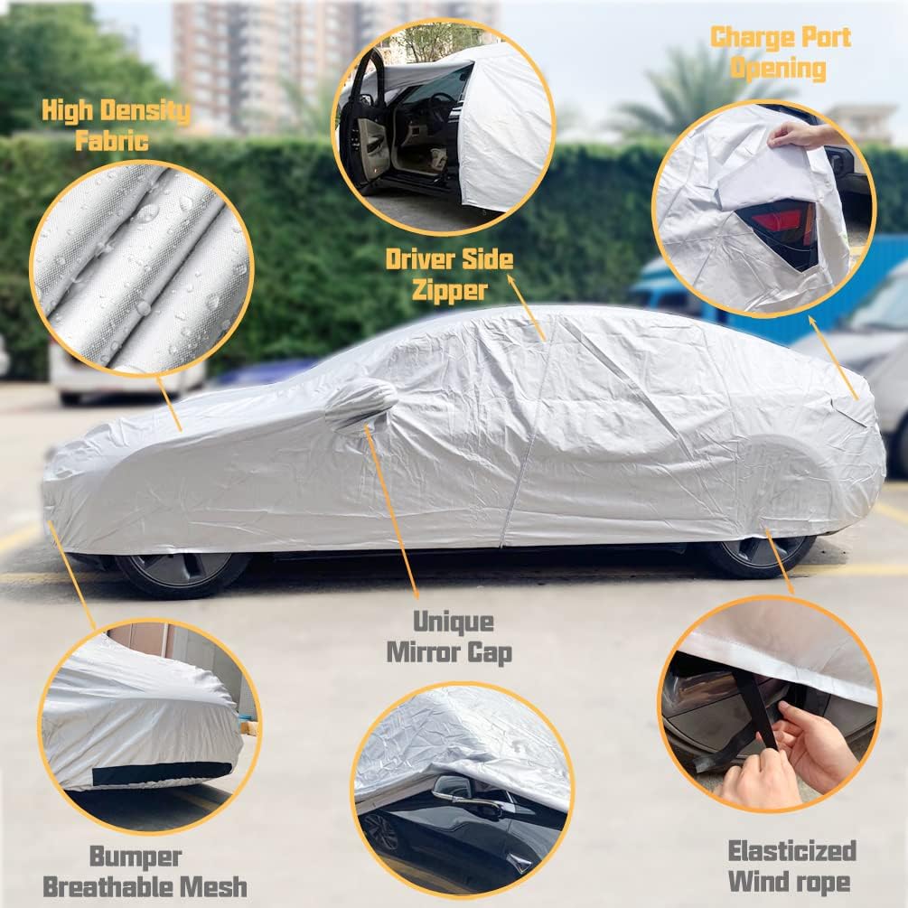 ROCCS Tesla Model 3 Car Cover Waterproof All Weather Full Exterior Car Cover Rain Snow UV Heat Protection with Charg Port Opening,Zipper for Tesla Model 3 Outdoor Accessories