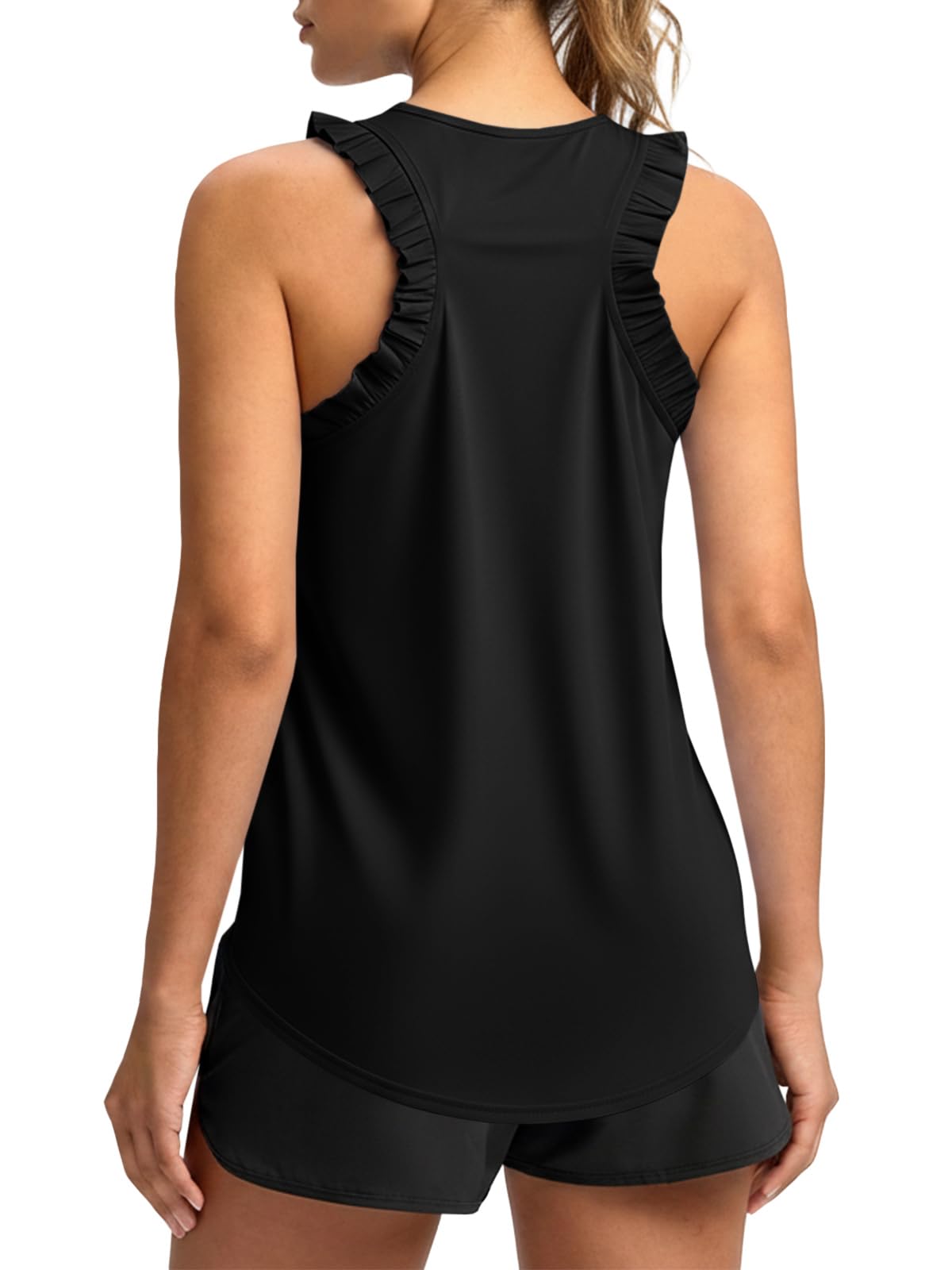 Fisoew Women Summer Workout Tank Tops Ruffle Sleeveless Racerback Crewneck Casual Loose Running Gym Athletic Tee Shirts