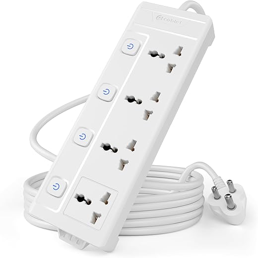 Cablet 240 Volts 4 Way Extension Board – 4 Universal Socket + 4 Switch, 10A and 2500W – 1.8m Heavy Duty Cable – White, Medium (Cablet 4040-18)