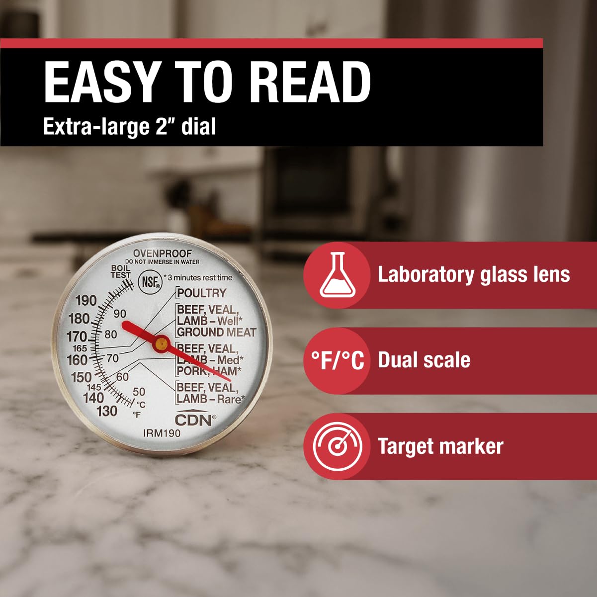 CDN Ovenproof Meat Thermometer NSF Certified Pro Accurate, Temperature Guide on 2" Dial - Easy-to-Read - Poultry, Roasting, Waterproof - IRM200