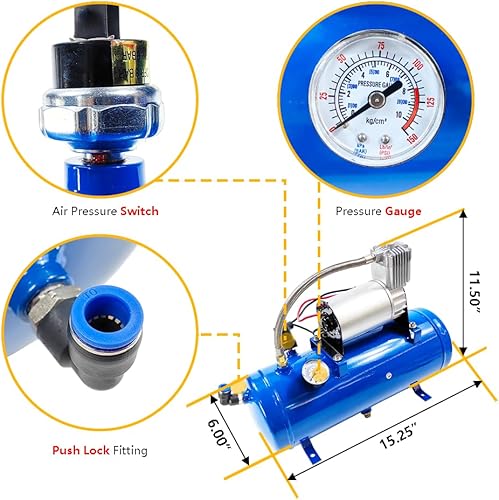 Miniatura 3 de Compresor de aire DC de 12 V 150 PSI con tanque de 6 litros de 1.6 galones  Apto para neumáticos de autocaravana  Compresor de aire inflador con kit