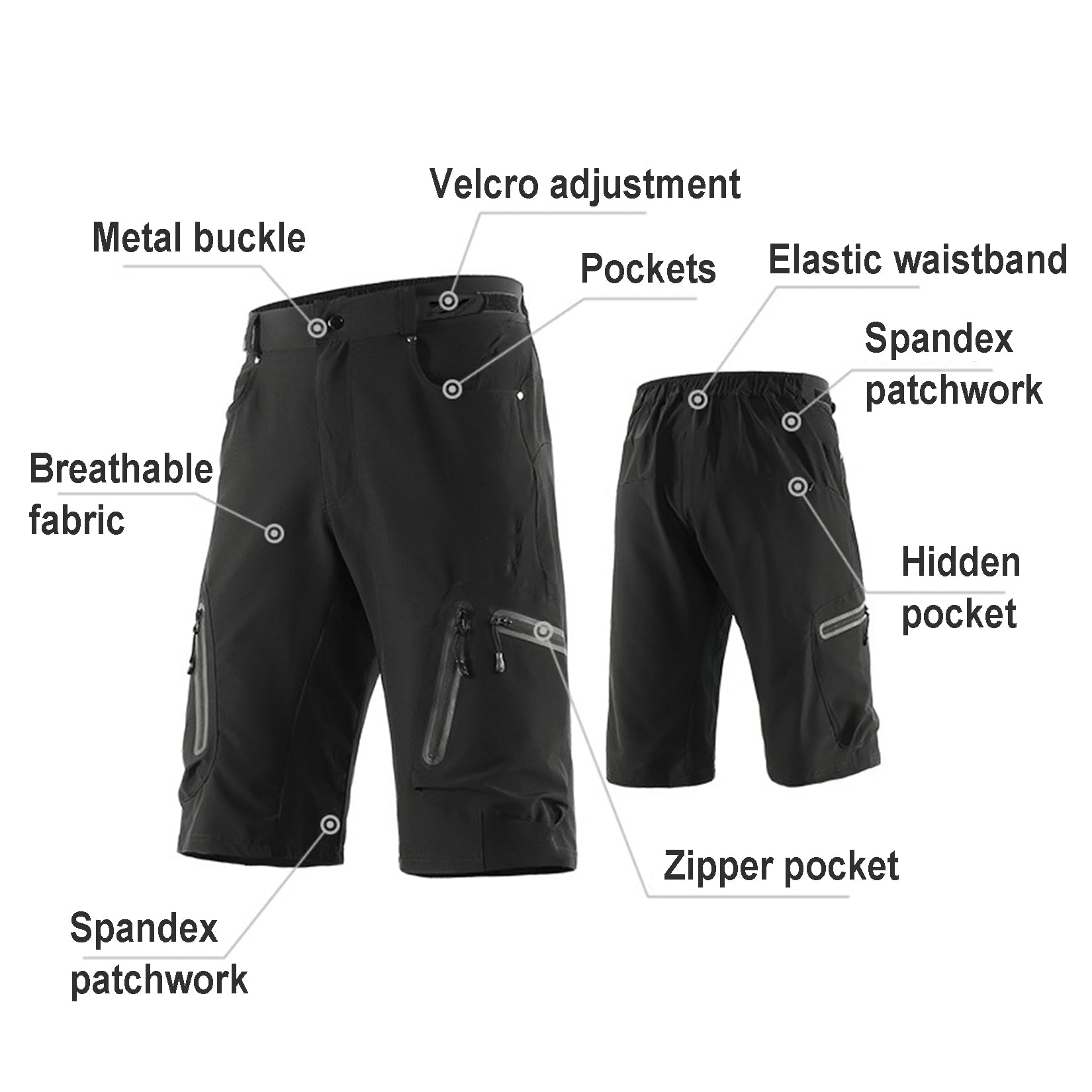 Pantaloncini da Bici da Uomo MTB Larghi Pantaloncini da Ciclismo da Strada per Bici da Strada Pantaloncini Leggeri da Mountain Bike con Tasche con Cerniera,Black-M