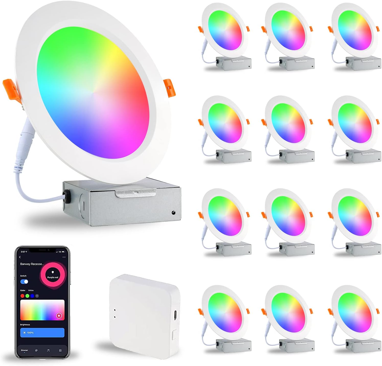 LED Smart Recessed Ceiling Lamp 6 Inch,12 Pack Recessed Lights with Junction Box,WiFi LED Canless Wafer Downlight Work with Alexa/Google Assistant,15W 1100LM for Bedroom,Kitchen,Soffit, etc