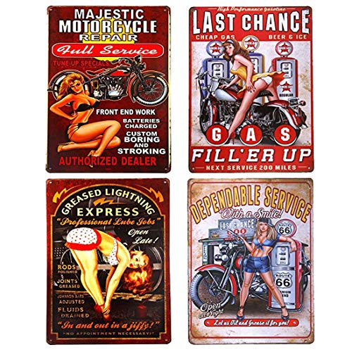 UOOPAI Pin-up Girl Gas Station Motorcycle Full Service Greased Route 66 Auto Repair Metal Poster Rural Vintage Tin Sign Garage Pub Bar Home Wall Decor Antique Plaque Set of 4