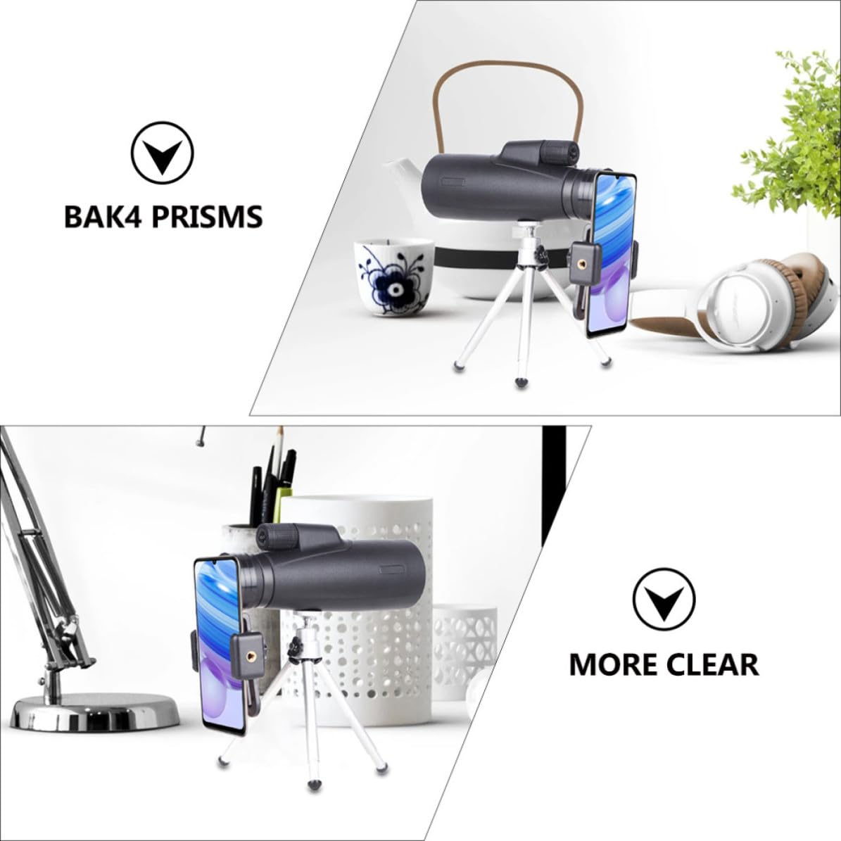 Telescopio Monoculare 12x50 in Metallo Nero Clip per Smartphone, Immagini ad Alta Risoluzione e Colori Accurati, per Avventure All'aperto, per Cellulare