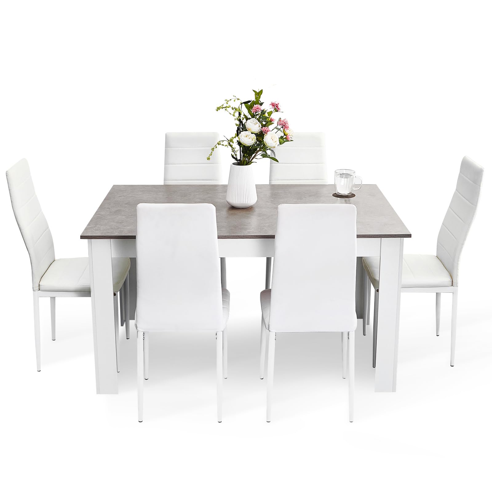 Mondeer Dining Table and Chairs Set 6, Dining Room Sets High Back Faux Leather Chair, for Kitchen Home Office, 138 x 90 x 75 cm, Grey Table White Chairs