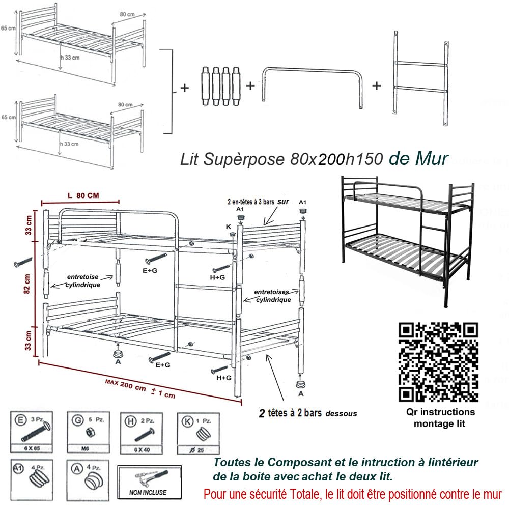 Lit Superposé Argente métal 80x200 Métal,Fer,Acier cm avec 2 Matelas adaptés aux Enfants et aux Adultes