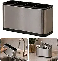 Escorredor Porta Talheres Aço Inox 4 Divisórias Sistema Drenagem Água Organizador Utensílios Cozinha Pia Compacto Design Moderno Suporte Talheres Secagem Rápida Resistente Antiferrugem Base Removível