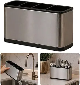 Escorredor Porta Talheres Aço Inox 4 Divisórias Sistema Drenagem Água Organizador Utensílios Cozinha Pia Compacto Design Moderno Suporte Talheres Secagem Rápida Resistente Antiferrugem Base Removível
