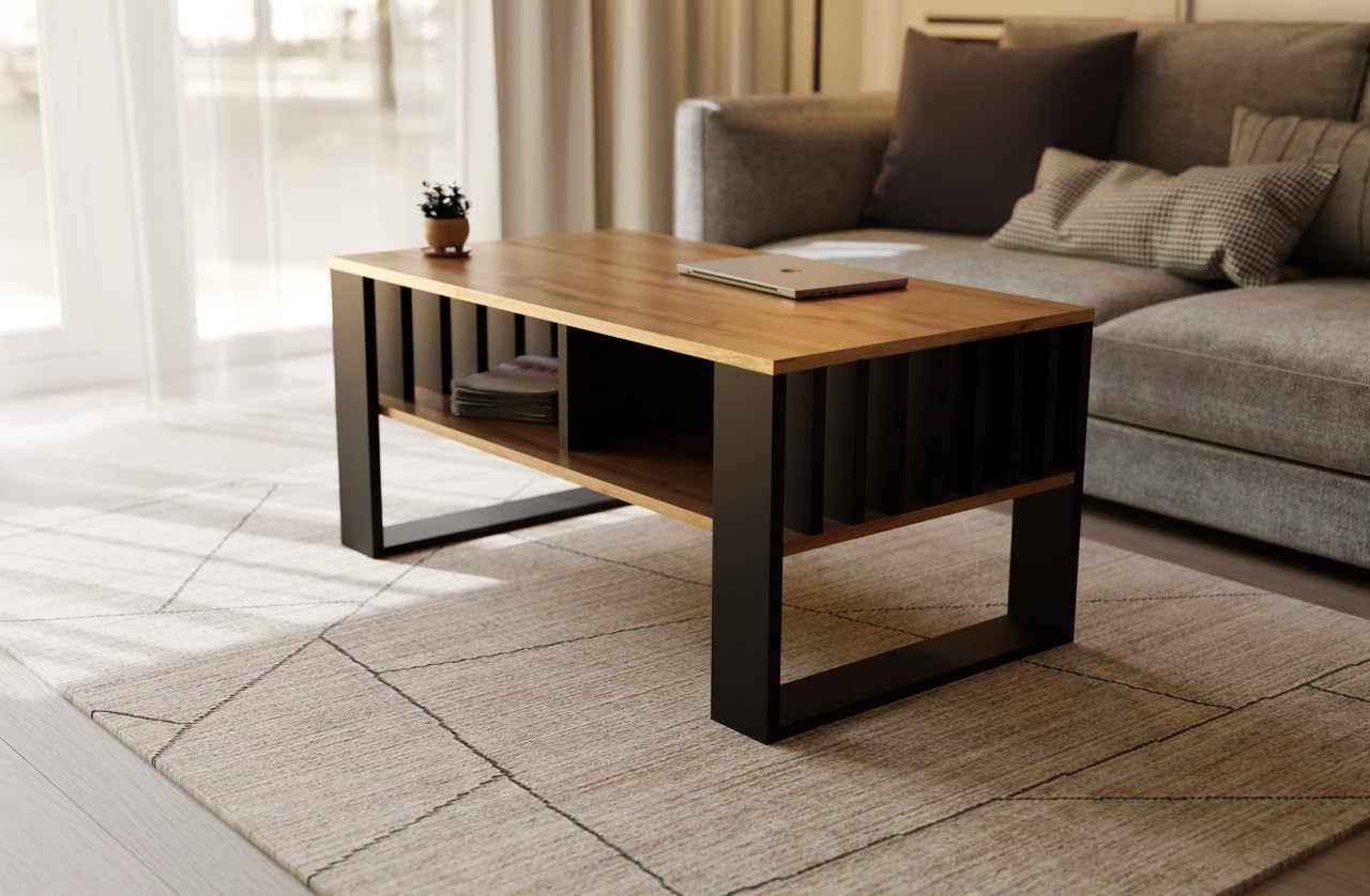 Meble Pitus - Mesa de Centro Moderna, con Espacio de Almacenamiento, 90 x 50 x 50 cm - Decoración Hogar - con Doble Estante Abierto - Muebles con Elementos laminares - Roble Eterno