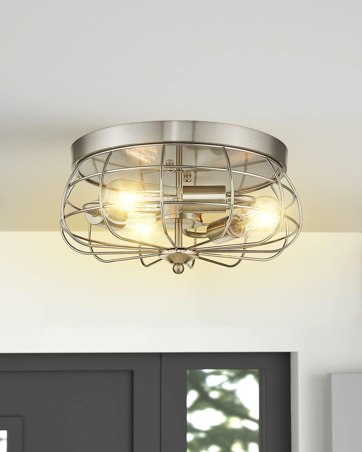 Flаѕh Dеаlѕ - 80% оƒƒ JAZAVA Metal Cage Flush Mount Ceiling Light Fixture, Brushed Nickel Finish Close to Ceiling Light Fixture, 3-Light Farmhouse Ceiling Lights, Dia 14.5 inches in Round Suреr Dеаl Prоduсt JAZAVA Metal Cage Flush Mount Ceiling Light Fixture, Brushed Nickel Finish Close to Ceiling Light Fixture, 3-Light Farmhouse Ceiling Lights, Dia 14.5 inches in Round