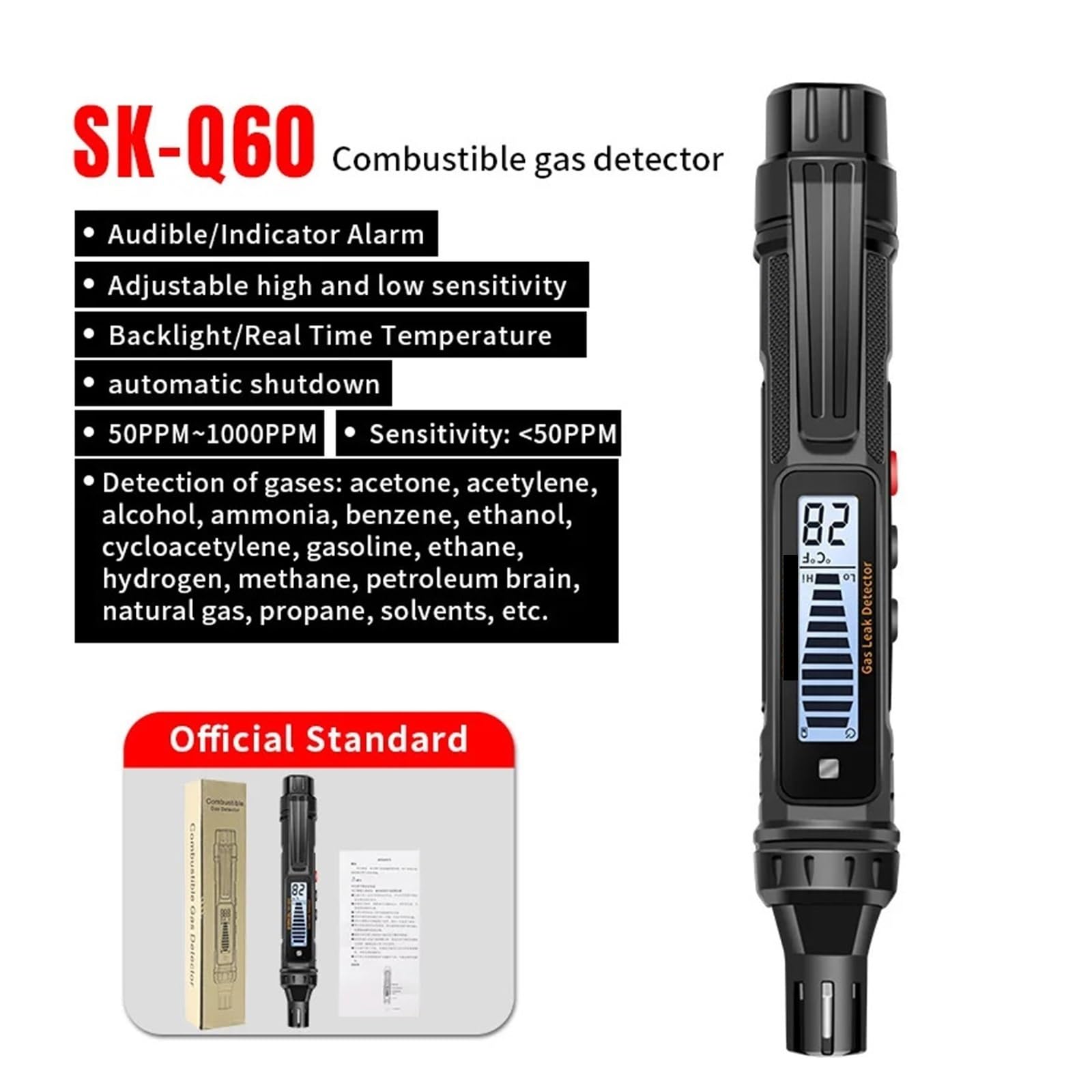 Detector de Gases, Detector de Fugas Gas, Combustible Natural, CO2, inflamable, Alcohol, GLP, metano, analizador, Recargable, zumbador, Alarma, PPM, LEL, comprobador