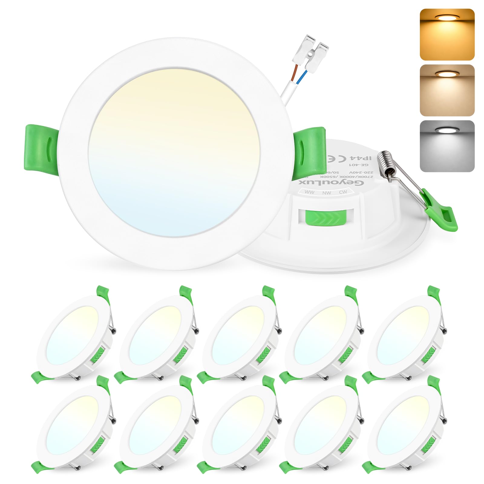 GeyouLux Pack 10 Downlight LED Techo Empotrable, 7W IP44 Ultrafino Spot Encastrable Corte 65-75mm, 2700K/4000K/6500K Focos LED Interior Techo, Blanco Regulable 10-100% Ojos de Buey LED
