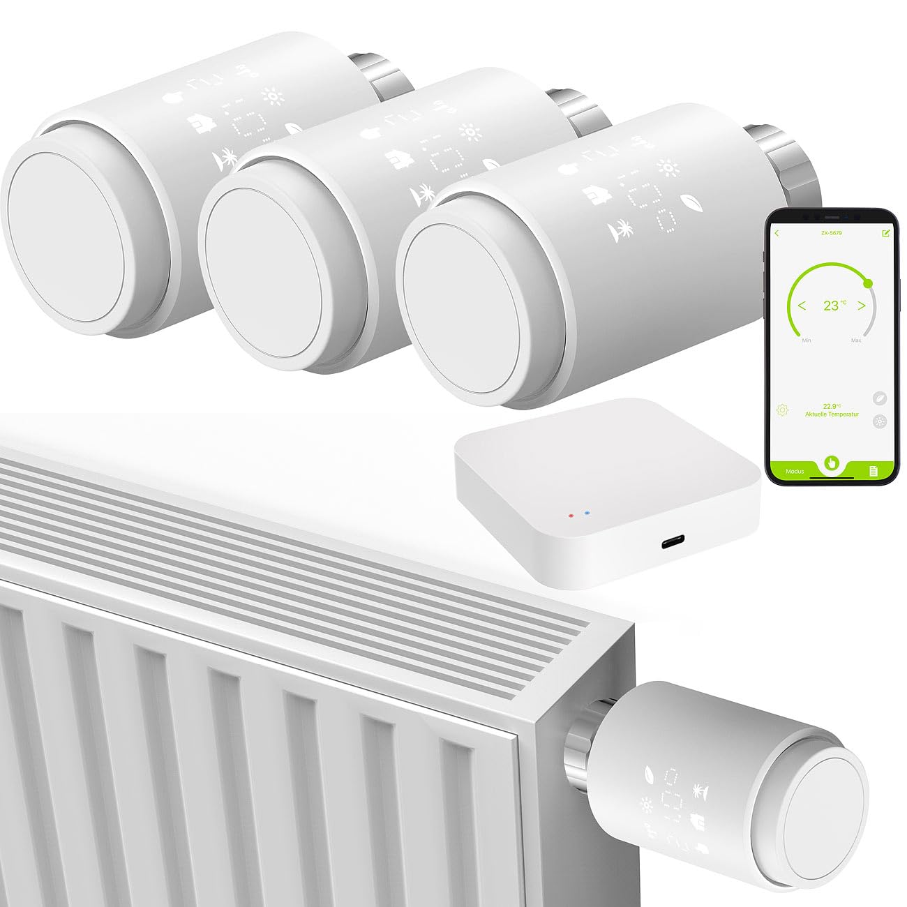 revolt Thermostat Gateway: 3er-Set smarte Heizkörperthermostate mit Display, App, ZigBee-Gateway (Heizkörper Thermostat Digital, Heizkörper Thermostat WiFi)