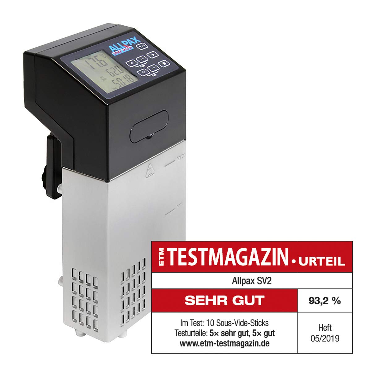 Allpax SV 2 Sous Vide Garer, zum Einhängen in Wasserbäder bis 30 l, sorgt für gleichmäßige Temperatur & auf den Punkt gegarte Lebensmittel, LCD Display mit Soft-Touch Panel, 1500 W Thermostat SV 2