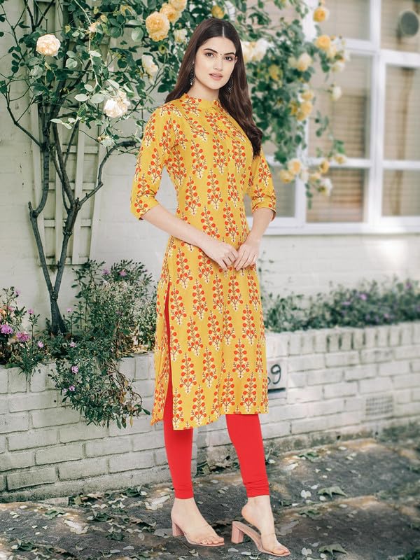 Image of Pinkmint Women Cotton Kurti ll Stright Printed Collared V Neck Kurta ll Stylish Regular Fit Kurti's (Pack of 01)