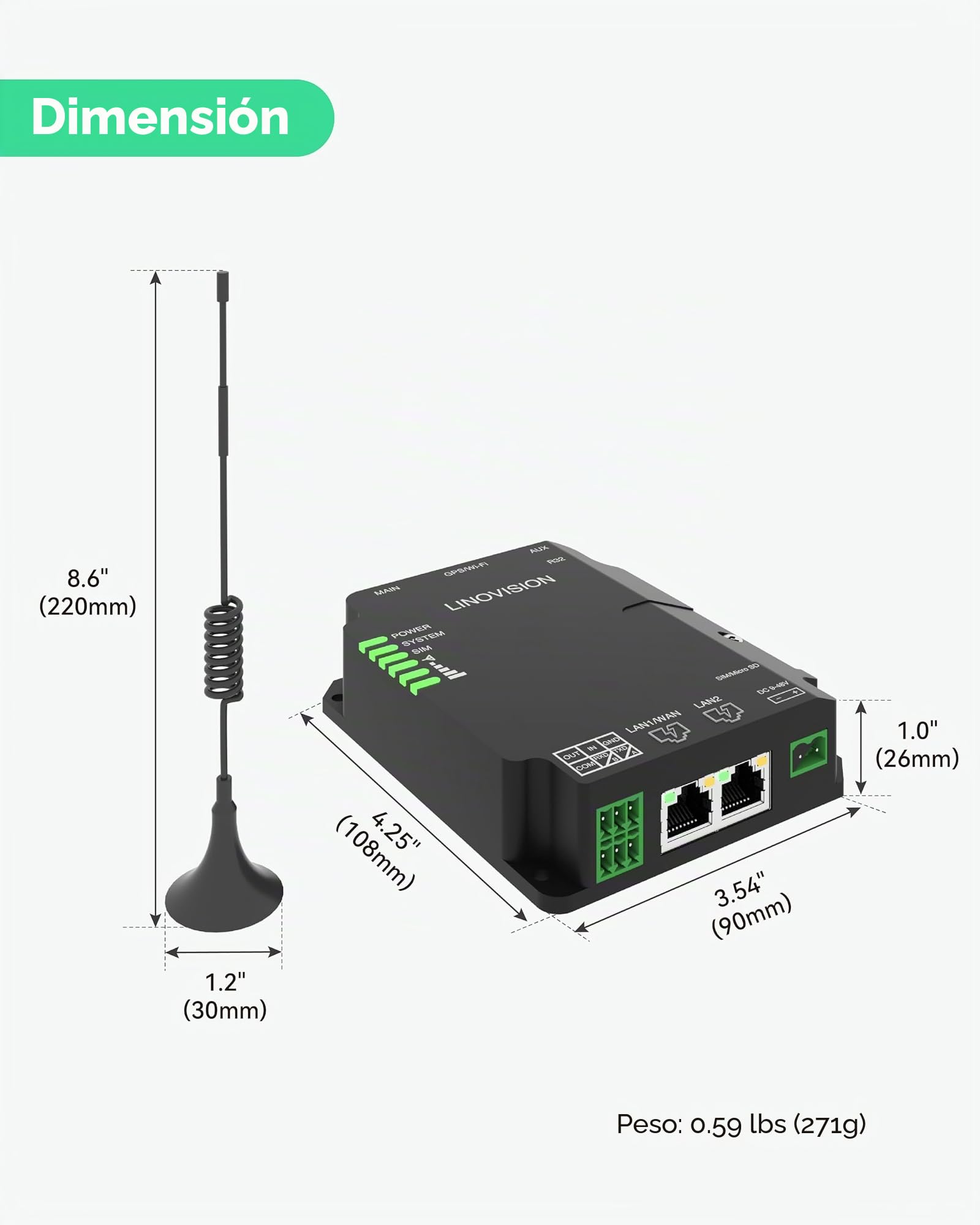 LINOVISION Industrial 4G LTE Cat4 Router Celular con Wi-Fi, Señal Mejorada para Sitios Remotos, Doble Ranura SIM, DTU Gateway para Dispositivos RS485, Sensores IoT, M2M, Vehículos
