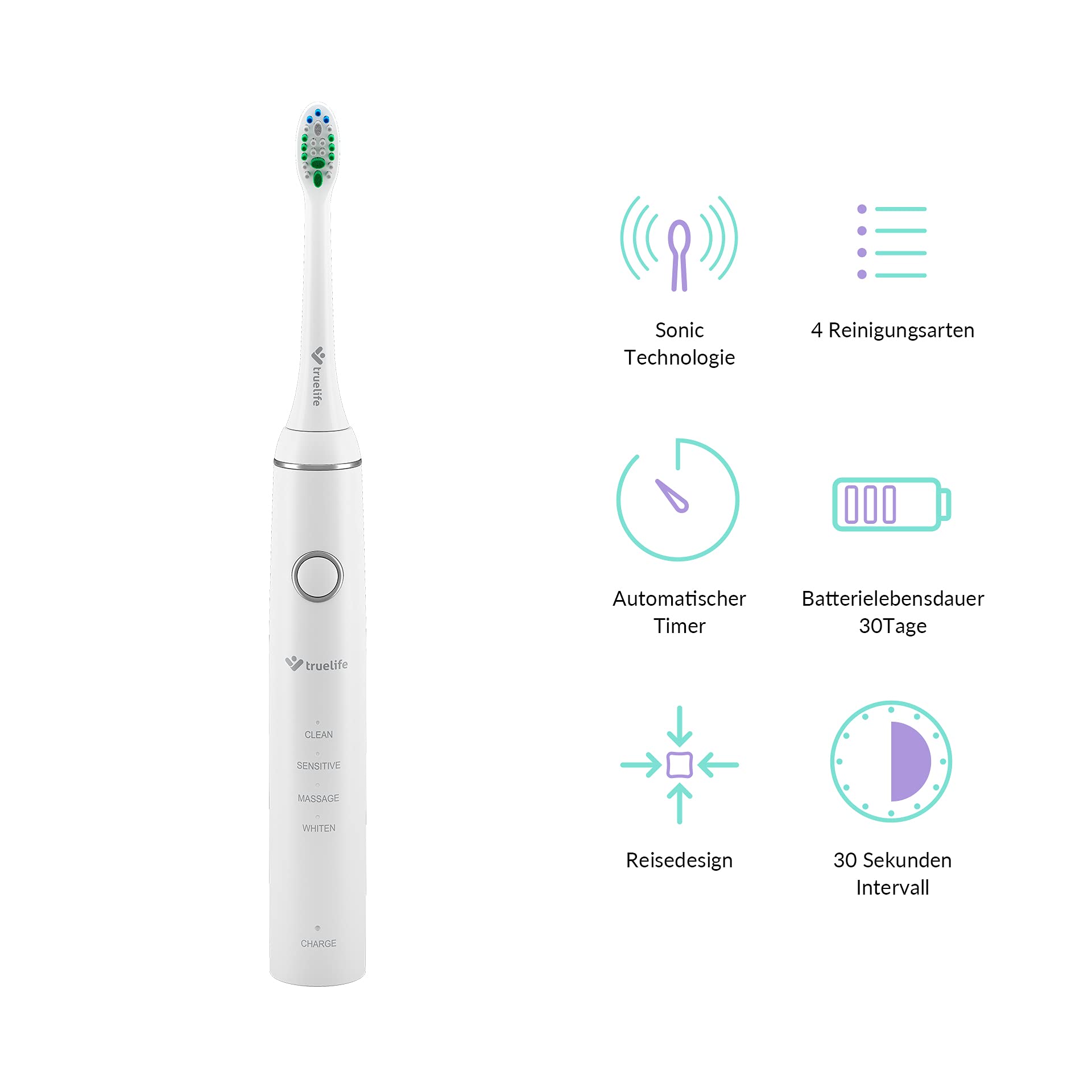 TrueLife SonicBrush Compact Cepillo de dientes eléctrico con una frecuencia de 35.000 oscilaciones por minuto, 4 modos de limpieza, la batería dura hasta 30 días, 2 cabezales de cepillo