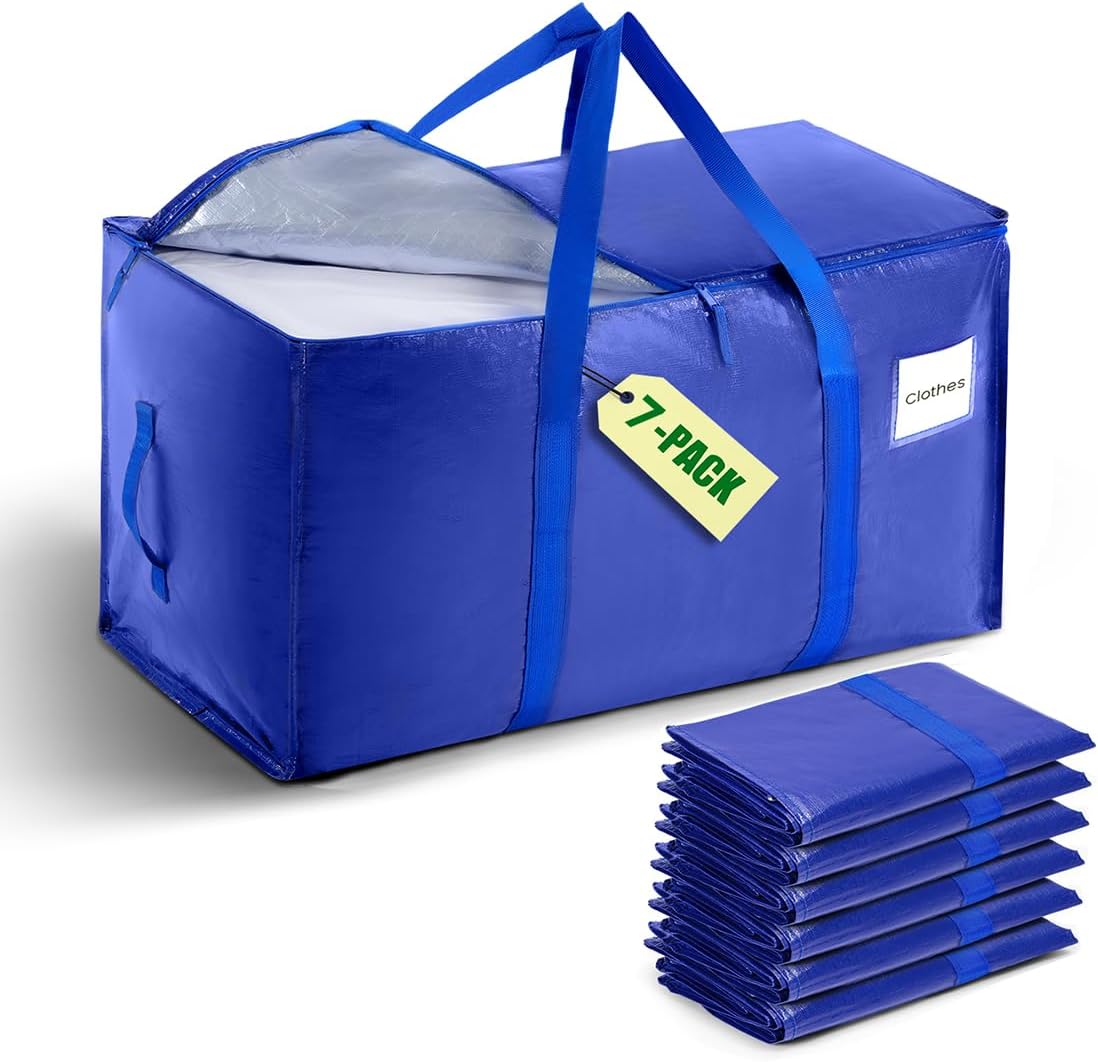 7-Pack Moving Bags with Carrying Handles and Zipper - Heavy Duty Space Saving Bags with Tag Pocket,Extra Large Storage Bags, Waterproof Totes for Clothes College move-in,Blue 7 Pack