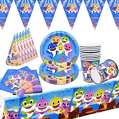 Runup Conjunto de Suministros de Fiesta, Baby Shark Vajilla Cumpleaños Decoracion, 57cs Suministros Vajilla de Fiesta Set,Juego Vajilla Fiesta Cumpleaños Papel Cover