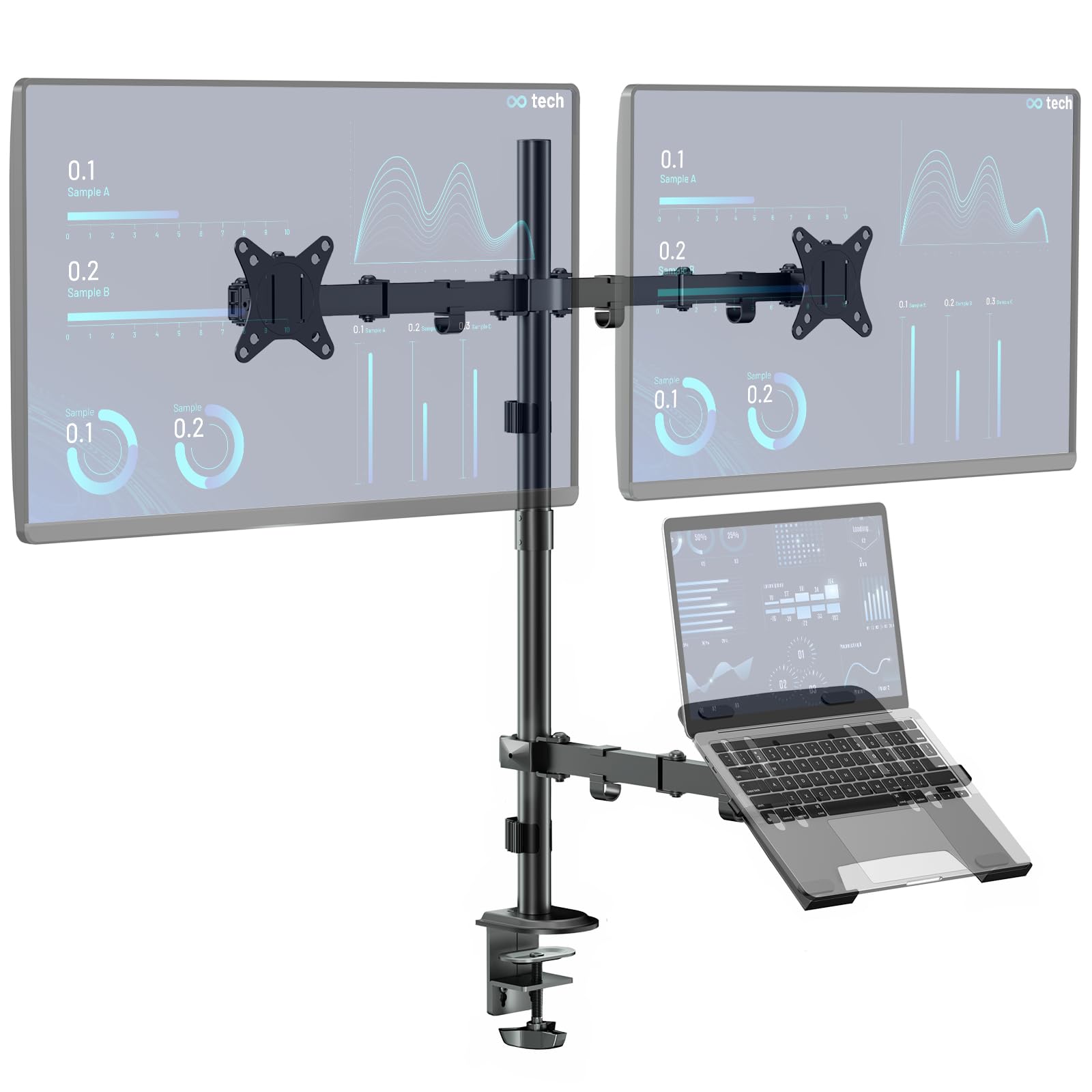 Supporto Doppio Monitor Con Vassoio Laptop - Regolabile Per Schermi 17-32" E PC Fino 15", Carico 9kg