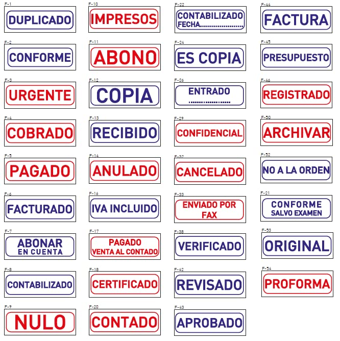 VARELASELLOS | Sello Fórmula Comercial, entintaje automático, Tamaño de la Placa de Texto 35 x 11 mm, PAGADO, DUPLICADO, COBRADO, URGENTE, CONFORME...