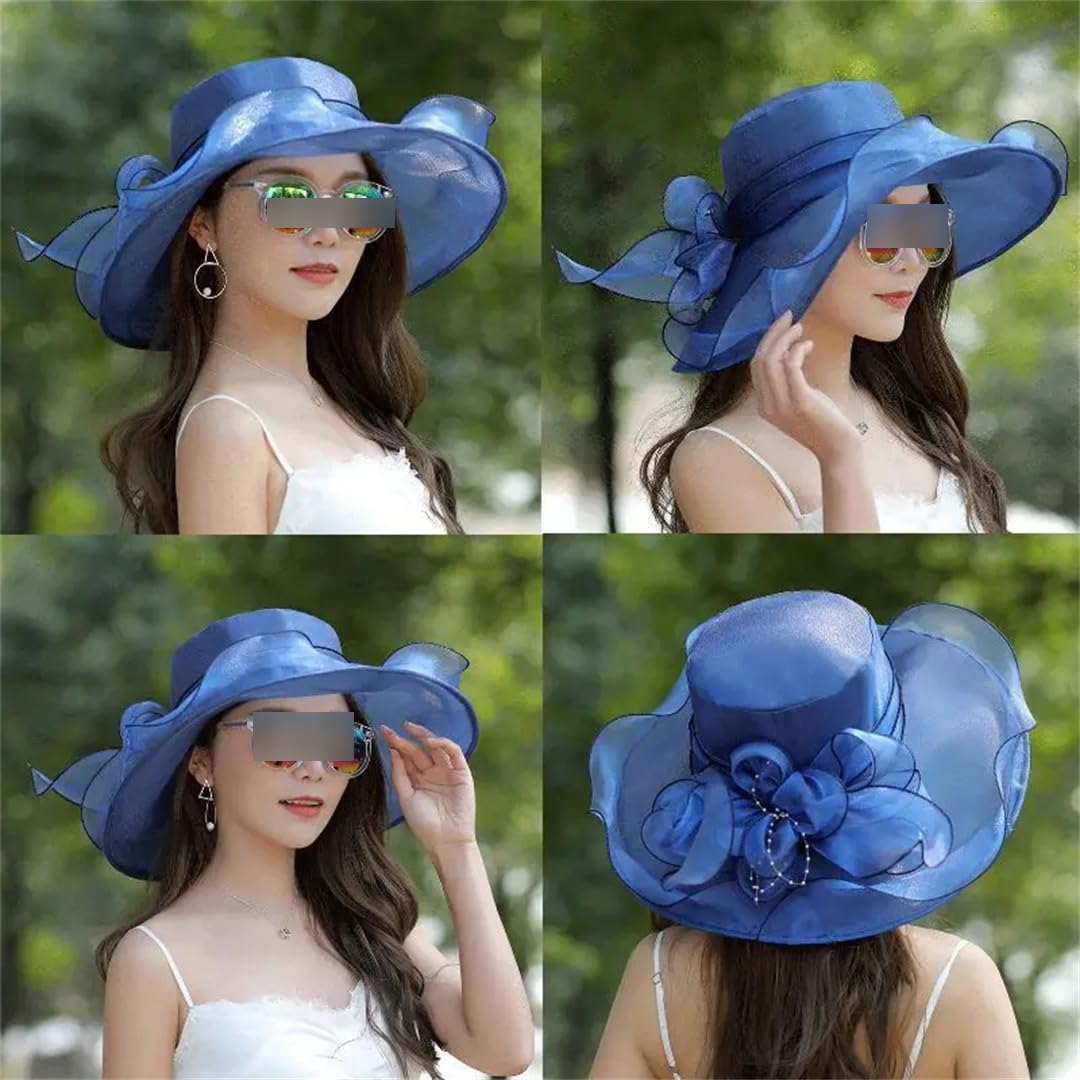 Sombrero de ala ancha para mujer, para verano, al aire libre, vacaciones, playa, casual, moda, elegante, flor de organza, iglesia