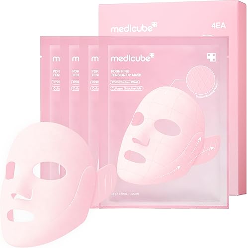 medicube PDRN Pink Tension Up Mask | 3-Step V-line Mask for Contoured-Looking Chin & Jawline | Full-Face Firming Care with Salmon PDRN, NAD & Caffeine | Korean Skincare, 34g x 4ea + Tightening Band