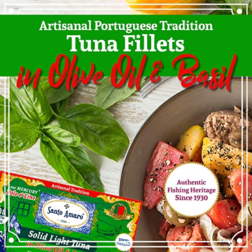 Image of Santo Amaro - Artisanal Wild Tuna Fillets in Olive Oil & Basil, Pole & Line Wild Caught Tuna from Portugal Hand-Packed Venice-Style! Canned Tuna Fish, 22g Protein, Paleo, Keto, Low Mercury, Pack of 3