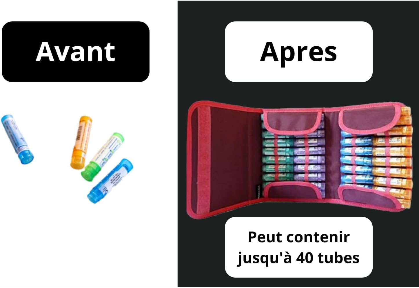 Homeo Case | Rangement Homeopathie avec 40 Espaces pour Boiron Tubes 4 Grammes | Trousse pour Homeopathie | Tubes Non Inclus | Couleur Prune | Fermé 21,5 x 14,5 cm | Ouvert 48,5 x 21 cm