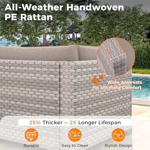 8-Seat Outdoor Wicker Patio Furniture Set with Fire Pit Table, Modular Rattan Sectional Sofa & 2 Swivel Rocking Chairs, 4" Thick Cushions, Rust-Resistant Frame,Beige - Image 5