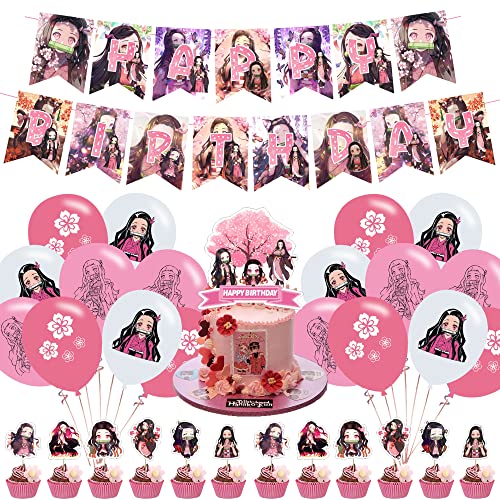 Nezuko Birthday Party Decorations, Anime Theme Party Supplies with Happy Birthday Banner, Cake Toppers, Balloons for Kids Adults Party Decorations