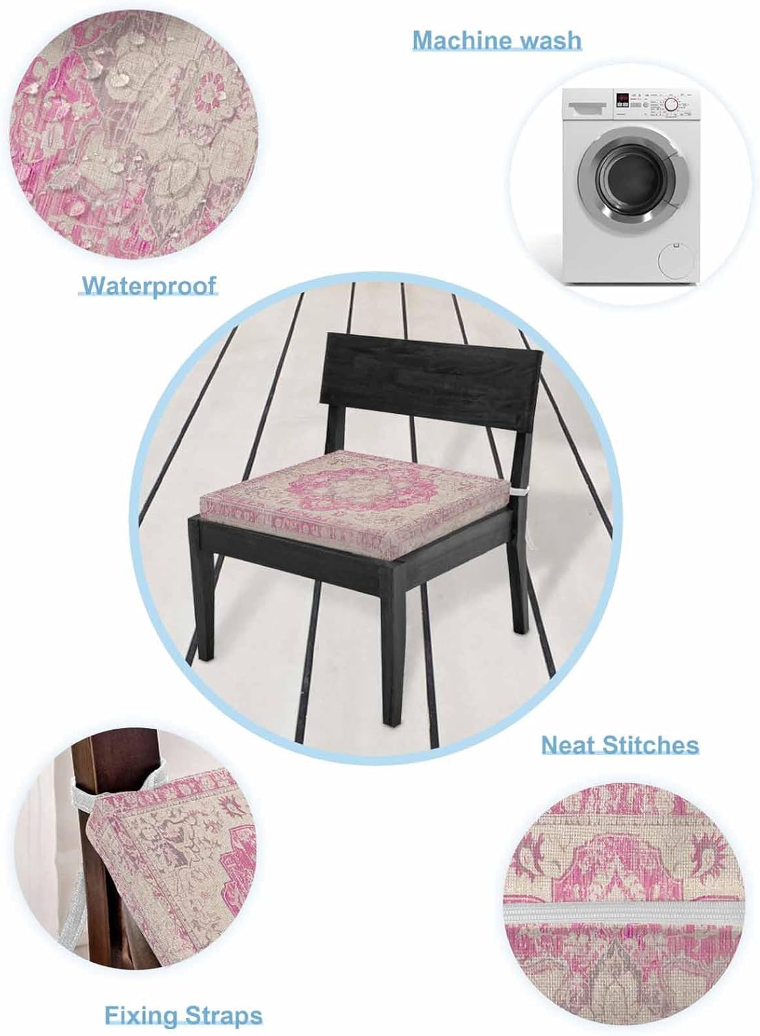 Outdoor Chair Cushion Covers 4 Pack, Boho Pink Floral Waterproof Sofa Couch Covers, Vintage Southwestern Ethnic Tribal Furniture Protector Seat Slipcovers for Patio Garden, 24" x 24"