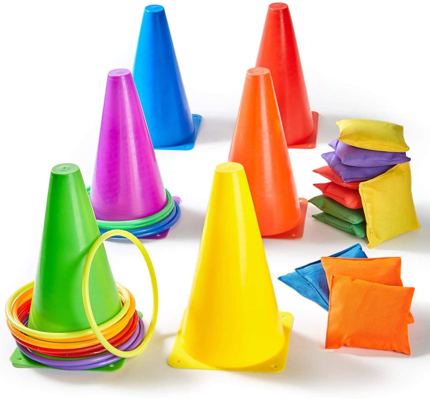 KASTWAVE 3 In 1 Funny Bean Bags Game Set, Ring Toss Game 18 pcs Carnival Combo Set With Bean Bags Plastic Cones Throwing Rings For Kids and Adult Outdoor Indoor Activity