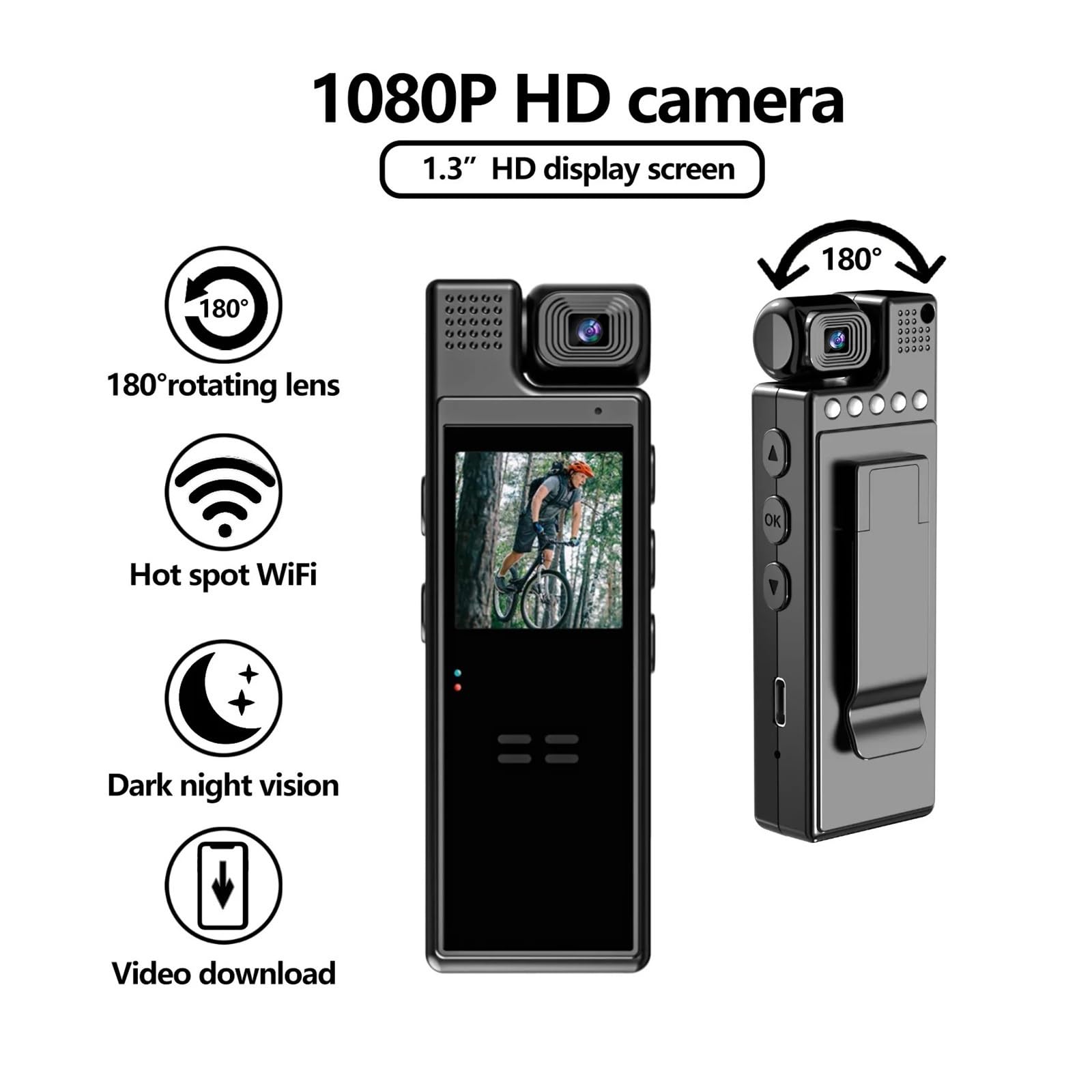 Kamera sportowa, 4K HD przenośna mini kamera akcji Wifi tylny klips 180° obrotowy IR noktowizor kamera sportowa podróżny rower kierowca wideo rejestrator,do jazdy na rowerze, motocyklu(128G)