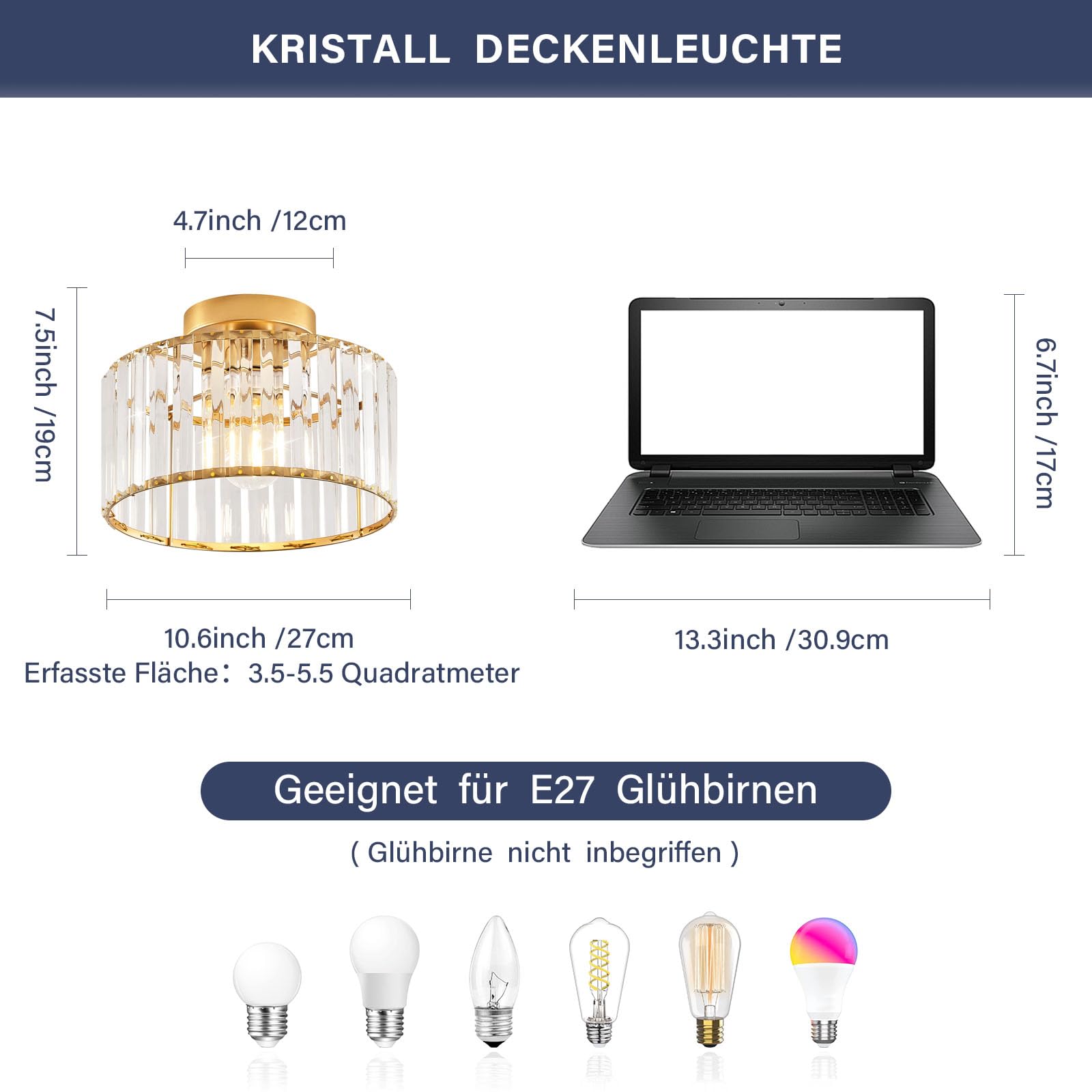 Qamra Moderne Deckenleuchte Gold Kristall Lampenschirm 27CM | Deckenlampe Metall Rund Hängend Lampe für Schlafzimmer Wohnzimmer Küche Flur Esszimmer E27(Glühbirnen nicht enthalten)
