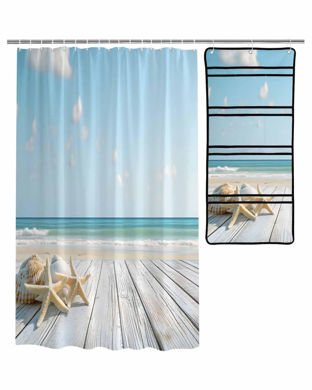 ZFUNCING Shower Curtain Mesh Shower Organizer Set Summer Nautical Beach Starfish Shell Waterproof Bath Curtains Hanging Shower Caddy