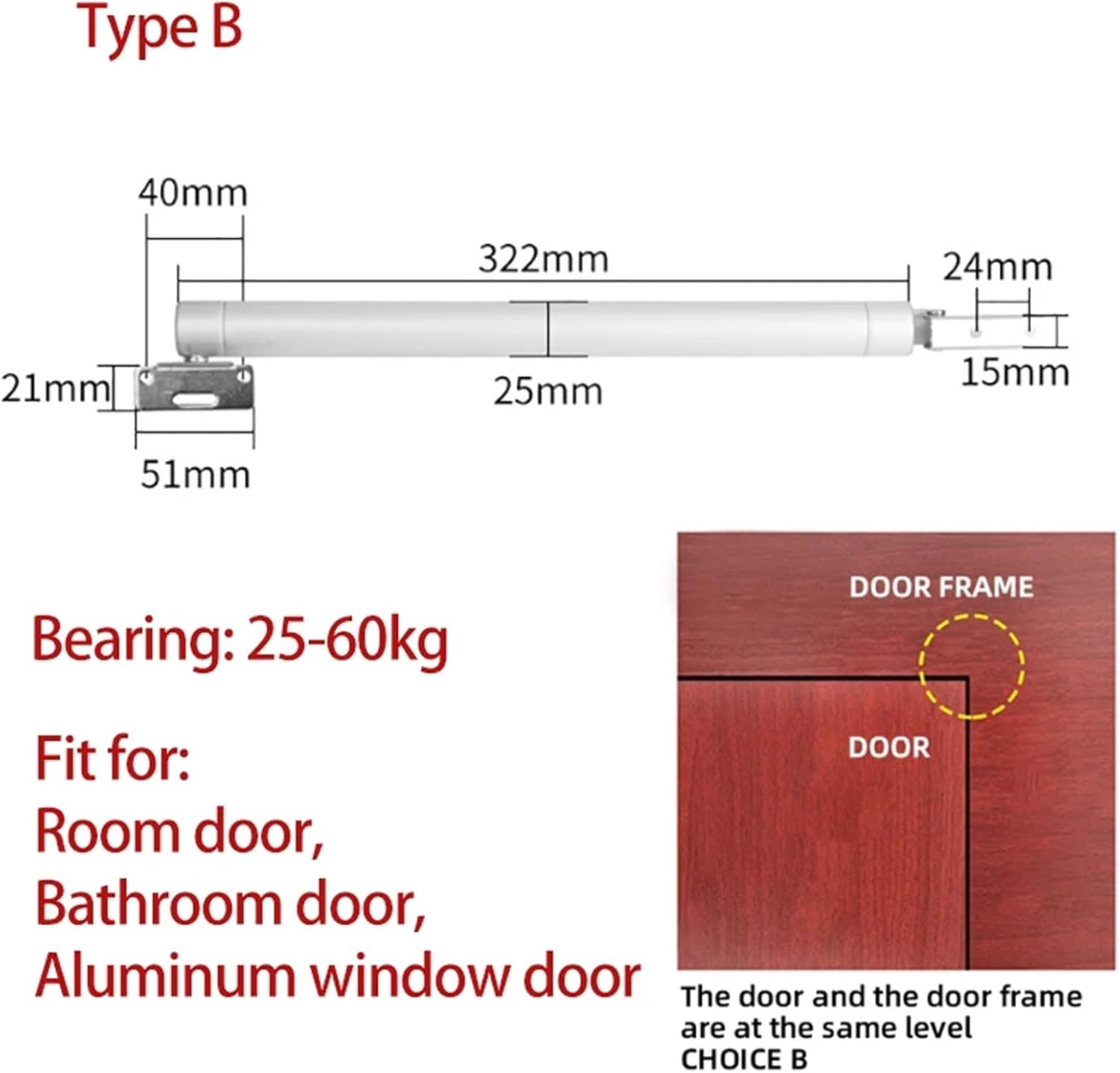 Door Closer 60kg Soft Closure Adjustable Gas Spring 110 Degree Positioning Stop Hardware Aluminum Alloy(B)
