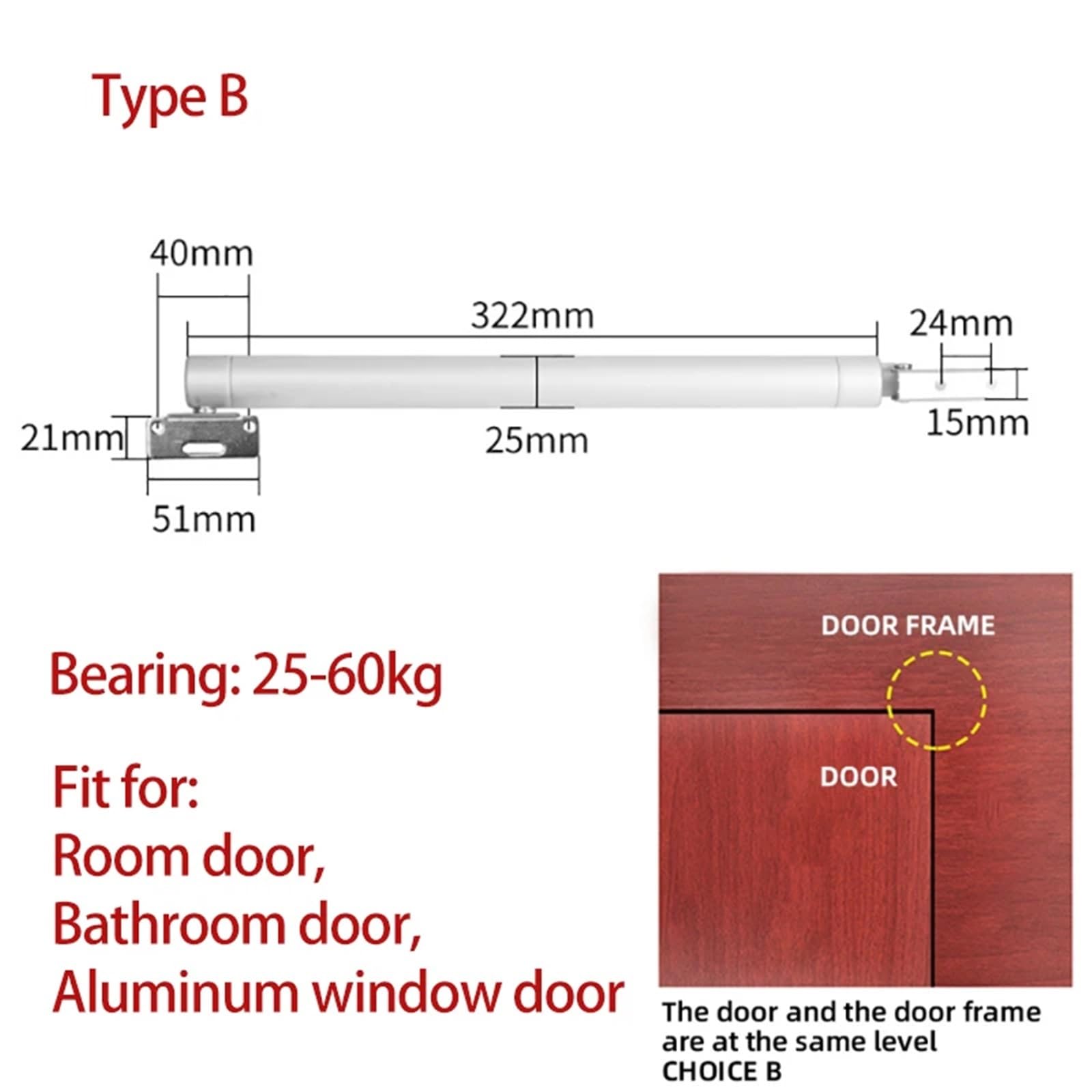 Ferme-porte automatique 60kg, 1 pièce, fermeture souple, ressort à gaz réglable, matériel d'arrêt de positionnement à 110 degrés, alliage d'aluminium(B)