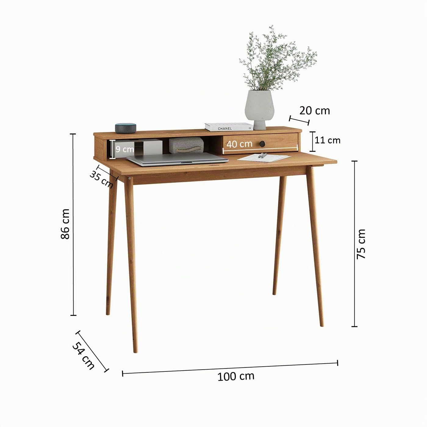 IDIMEX Schreibtisch Malina mit Aufsatz & Schublade aus Kiefer Massivholz, Eiche Farben- Bürotisch mit Stauraum & konischen Beinen, Stabiler PC-Tisch aus robusten Materialien