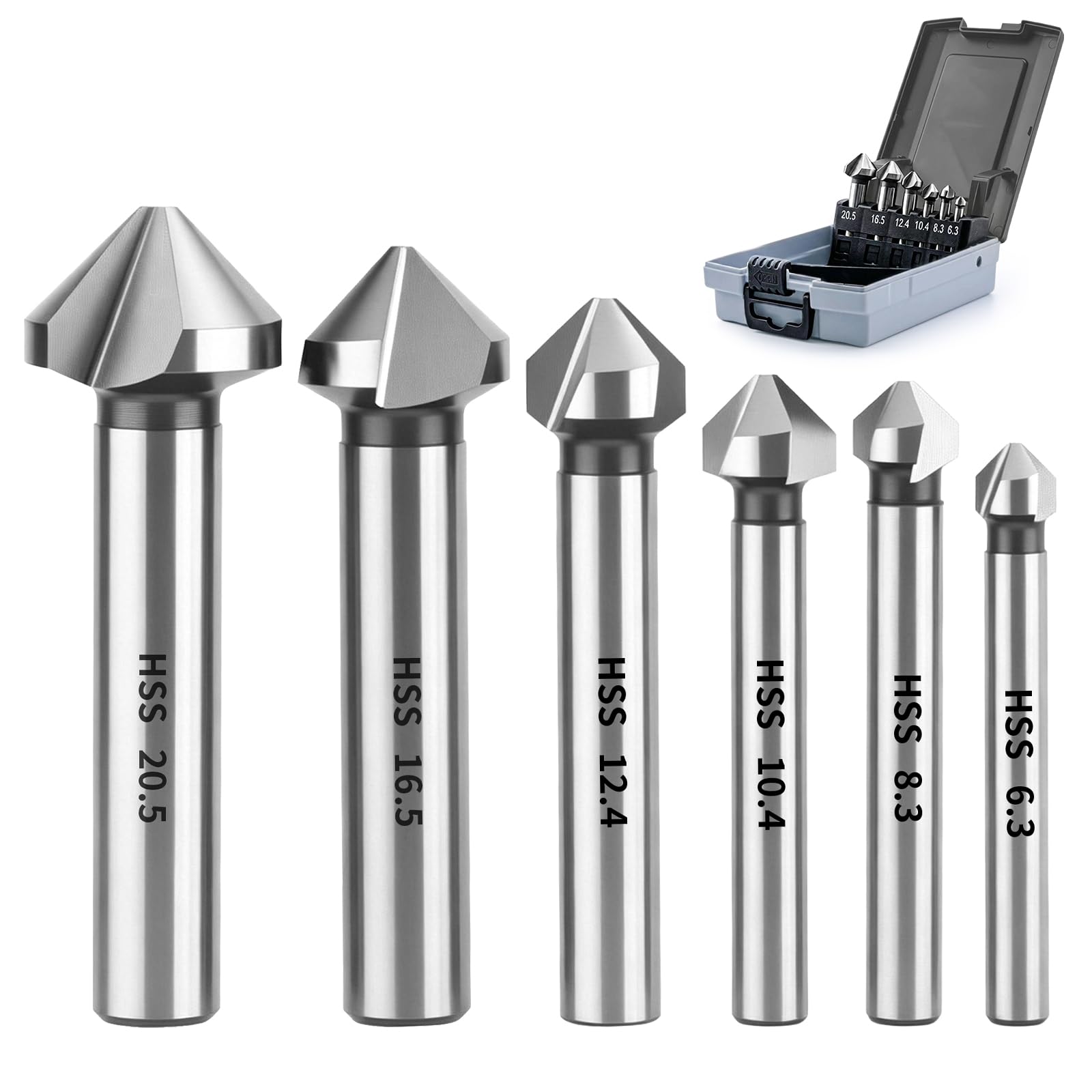 Jeu de fraises à chanfreiner HSS, 6 pièces en acier rapide HSS à 90° à 3 dents DIN335C – Kit professionnel pour chambrage métal et plastique (6,3-20,5 mm) pour acier inoxydable, fer, cuivre