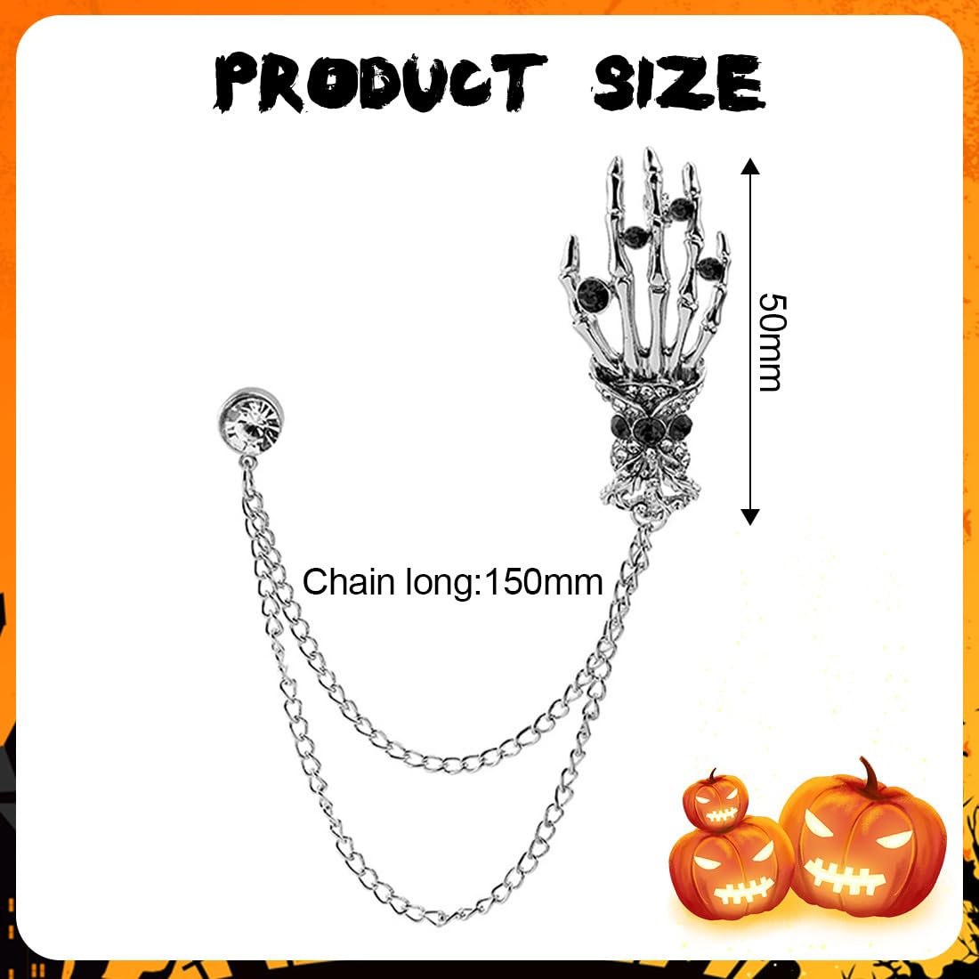 Broche de cadena, alfiler de cuello, broche con forma de mano de esqueleto, broche de Halloween para mujeres y hombres, para traje de negocios, esmoquin, camisa, corbata, sombrero y bufanda