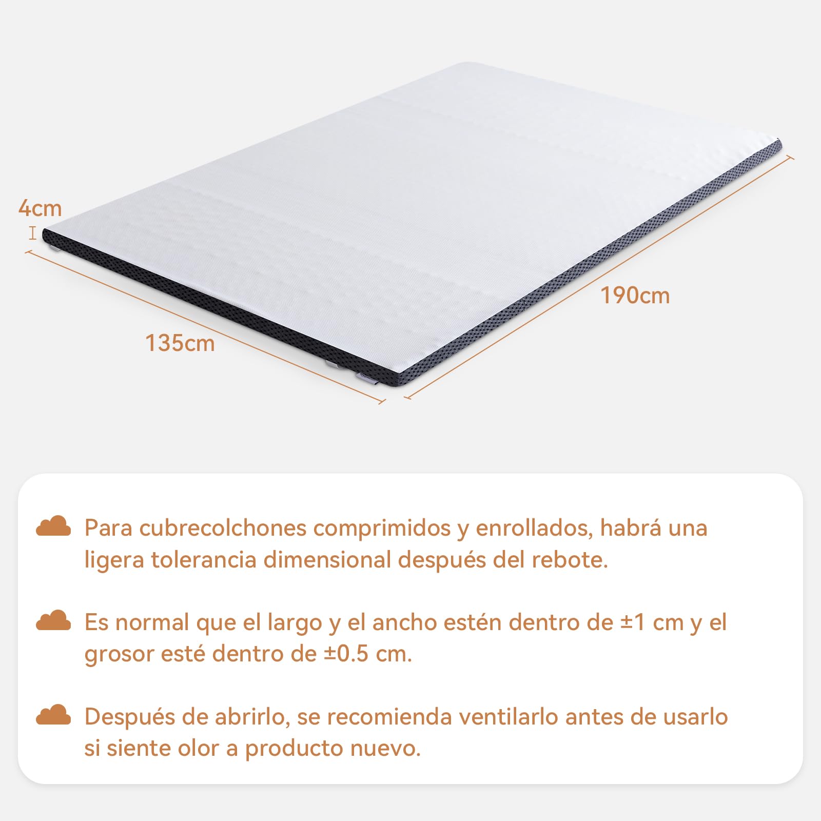 Amazon Basics Colchón de Espuma viscoelástica Topper con memoria con Funda removible y lavable, 135 x 190 cm, 4 cm, Blanco