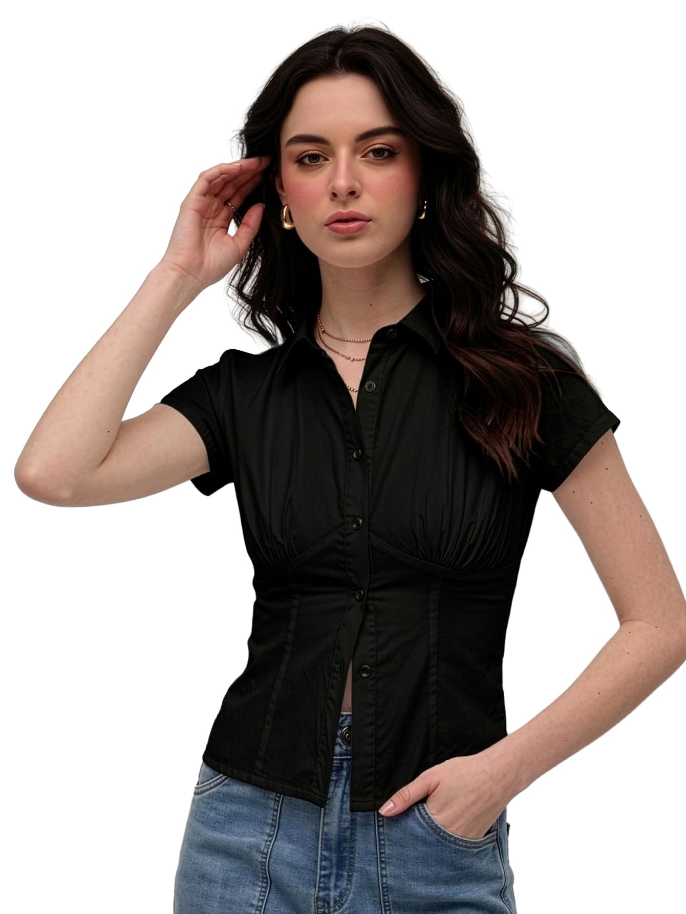 aahwan Solid Front Stylish Gathered Detail Short Sleeves Casual Shirt for Women' & Girl's-picture-52