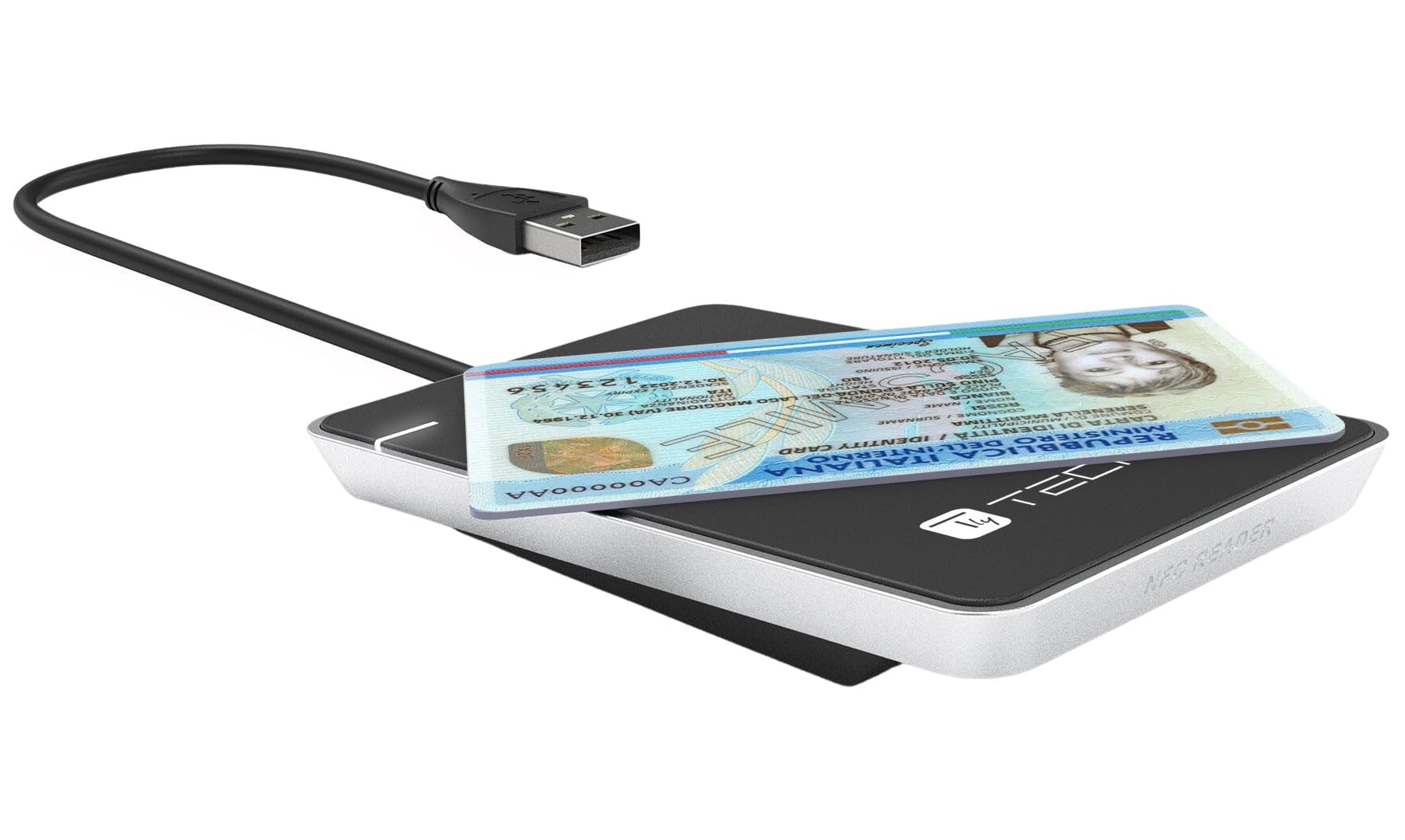 Techly 367324 Lettore Contactless Card Reader RFID e NFC per Carta d'Identità Elettronica e Tessera Sanitaria Nero/​Argento