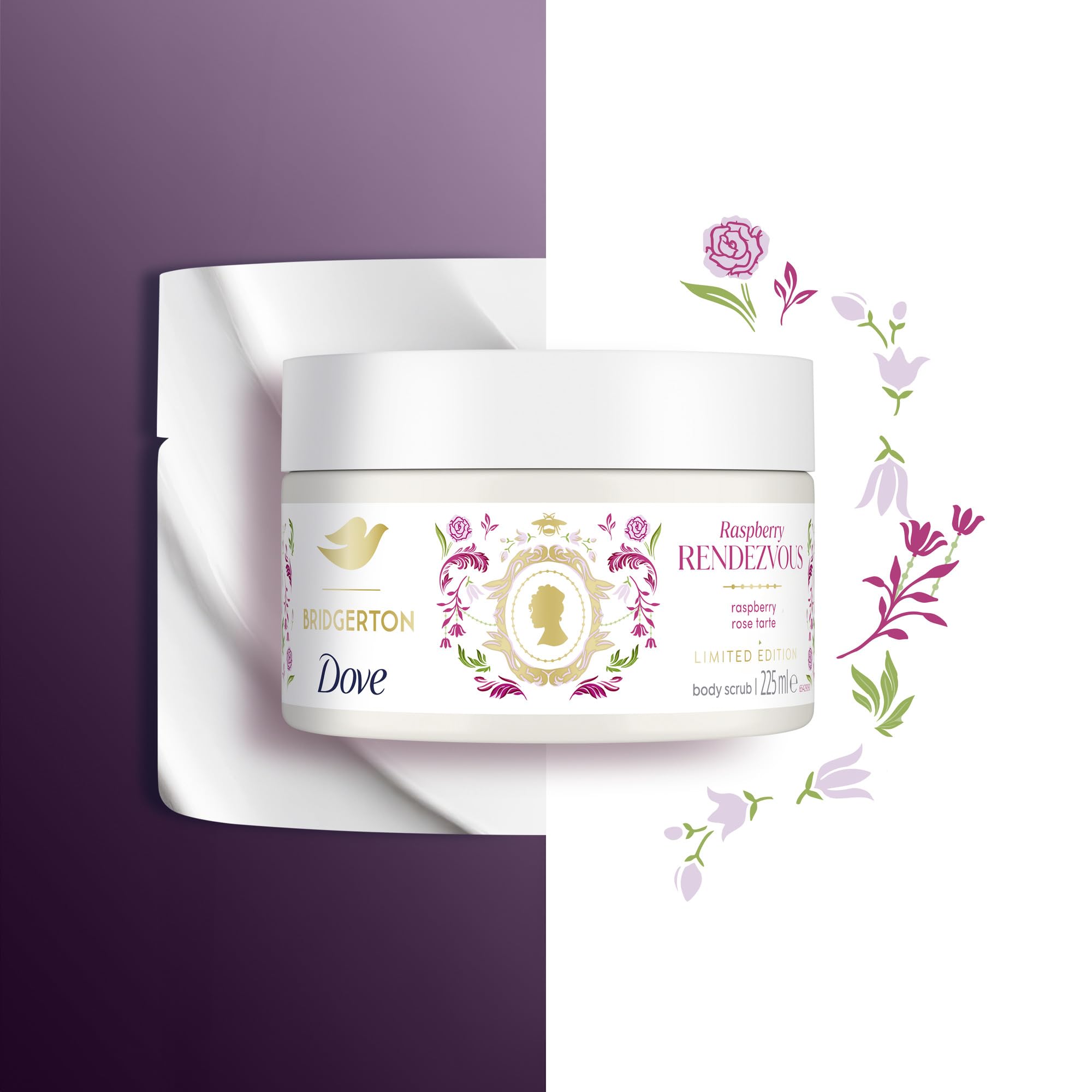 Dove Creme-Dusch-Peeling Raspberry Rendezvous Limited Edition Körperpeeling für geschmeidige Haut 4x225 ml